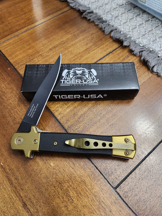 Tiger-USA 5" Stiletto Knife Black Micarta Handles Assisted Open IT-28-BGG