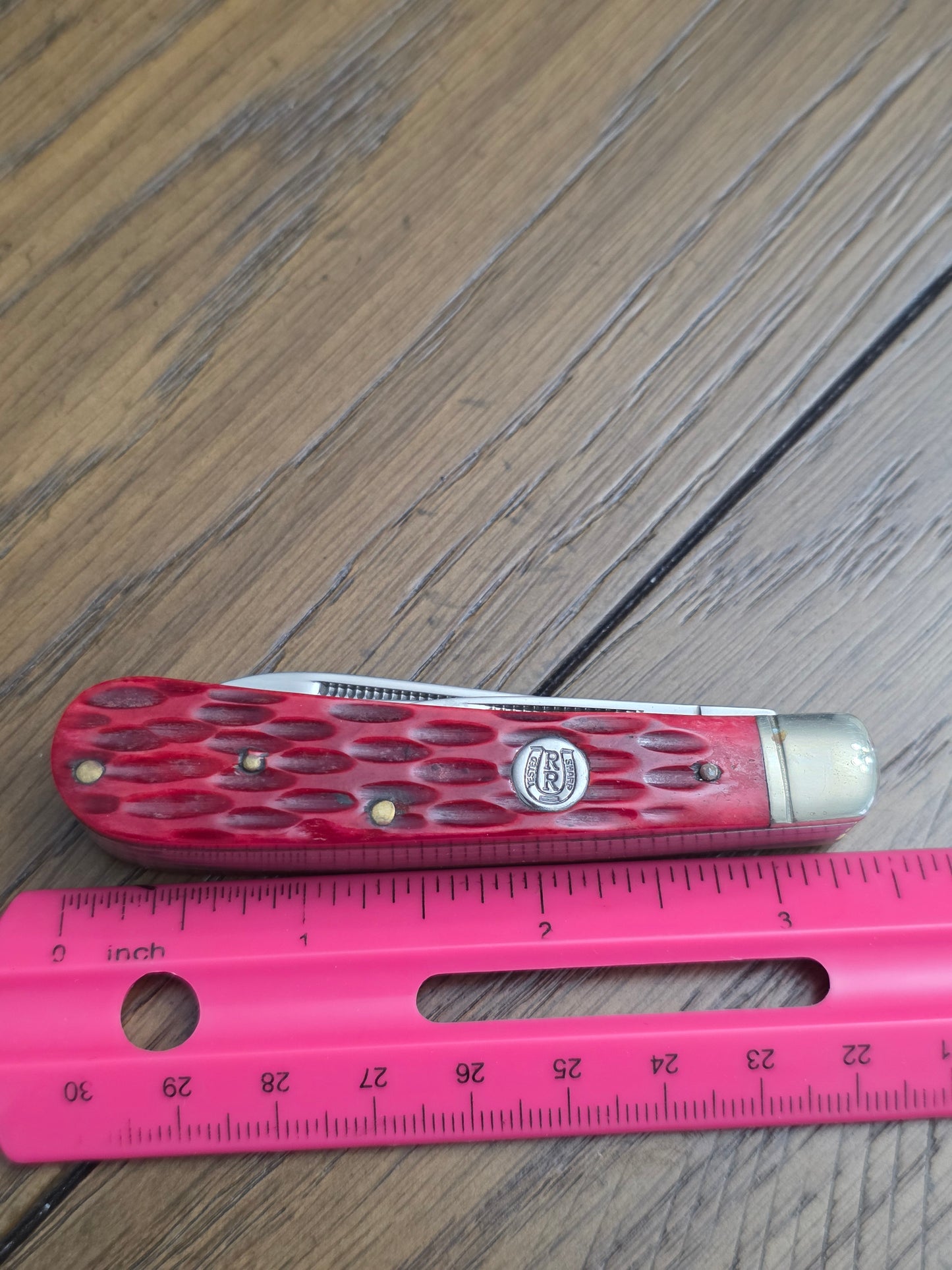 Rough Rider 3 Blade Mini Trapper Red Jig Bone 1st Gen Horseshoe Shield RR430