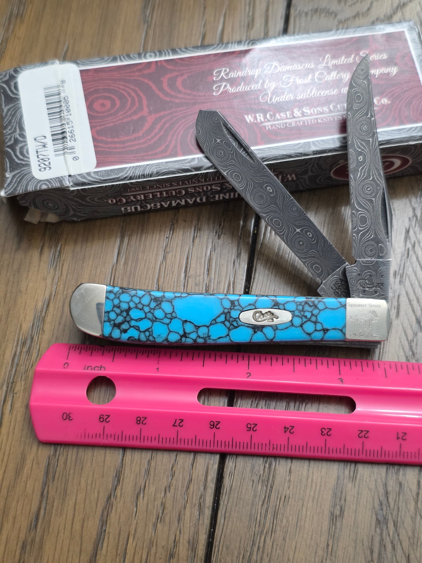 2015 Case XX Mini Trapper Turquoise Web Stone Handles Raindrop Damascus 9207TW/D
