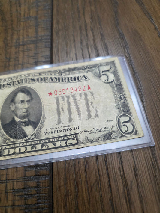 1928 Series C $5 Red Seal Star Note FRN Good Condition