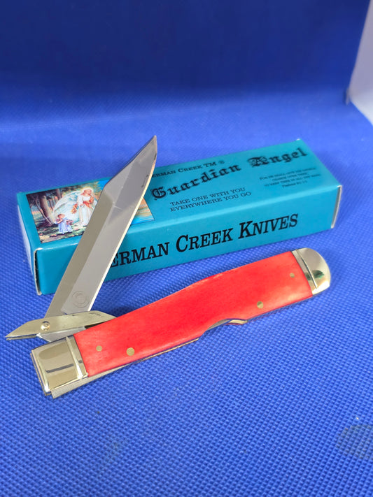 Guardian Angel Lock Back Cheetah Knife Red Bone Handles 4 3/8" EM2567052RBN