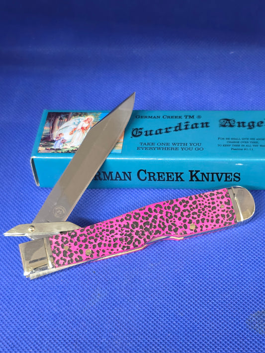Guardian Angel Lock Back Cheetah Knife Pink Bone Handles 1 of 100 Cheetah Etch 4 3/8" EM2567052PKBN- CTH