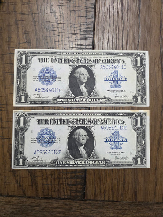2 - 1923 Series $1 Blue Seal Silver Certificates LARGE Size Notes Consecutive Numbers AU Condition