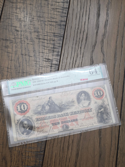 1859-60 $10 Famers Bank Of Kentucky Bank Note Frankfort, Kentucky PMG 64 Choice Uncirculated EPQ