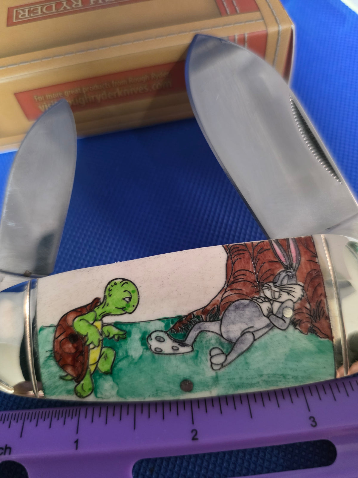 Rough Ryder Sunfish Natural Bone Custom Etched Turtoise & Hare RR139BB