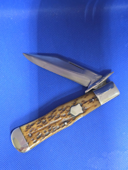 4 Line Cattaragus Jigged Bone Handle Coke Bottle Lockback Knife Used