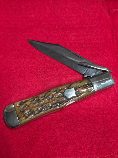 4 Line Cattaragus Jigged Bone Handle Coke Bottle Lockback Knife Used