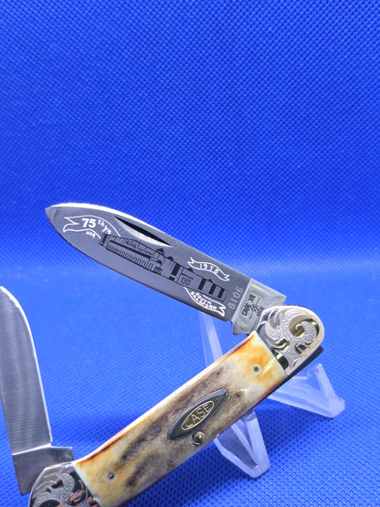 1980 Case XX Stag Canoe with Case Factory Etch 75th Anniversary Scrolled Bolster