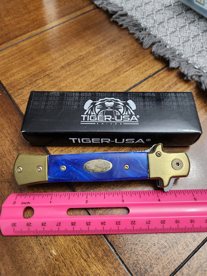 Tiger-USA 5" Stiletto Knife Blue Pearloid Handles Assisted Open IT-28-GD-BL