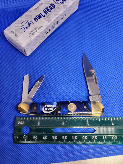 Owl Head 3.75" Whittler Blue Pearloid Handles Friends of Coal OH7055002