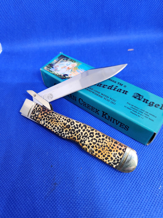 Guardian Angel Lock Back Cheetah Knife Burnt White Bone Handles Cheetah Etch 4 3/8" EM2567052WBN - CTH