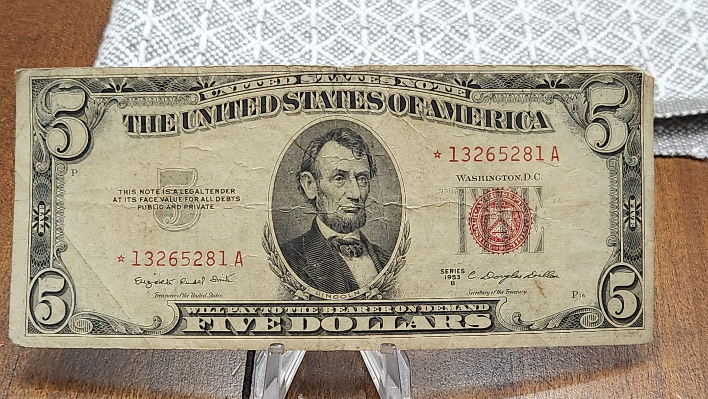 1953 B $5 Dollar Star Note Red Seal United States Note Avg condition