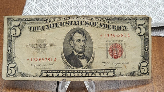 1953 B $5 Dollar Star Note Red Seal United States Note Avg condition