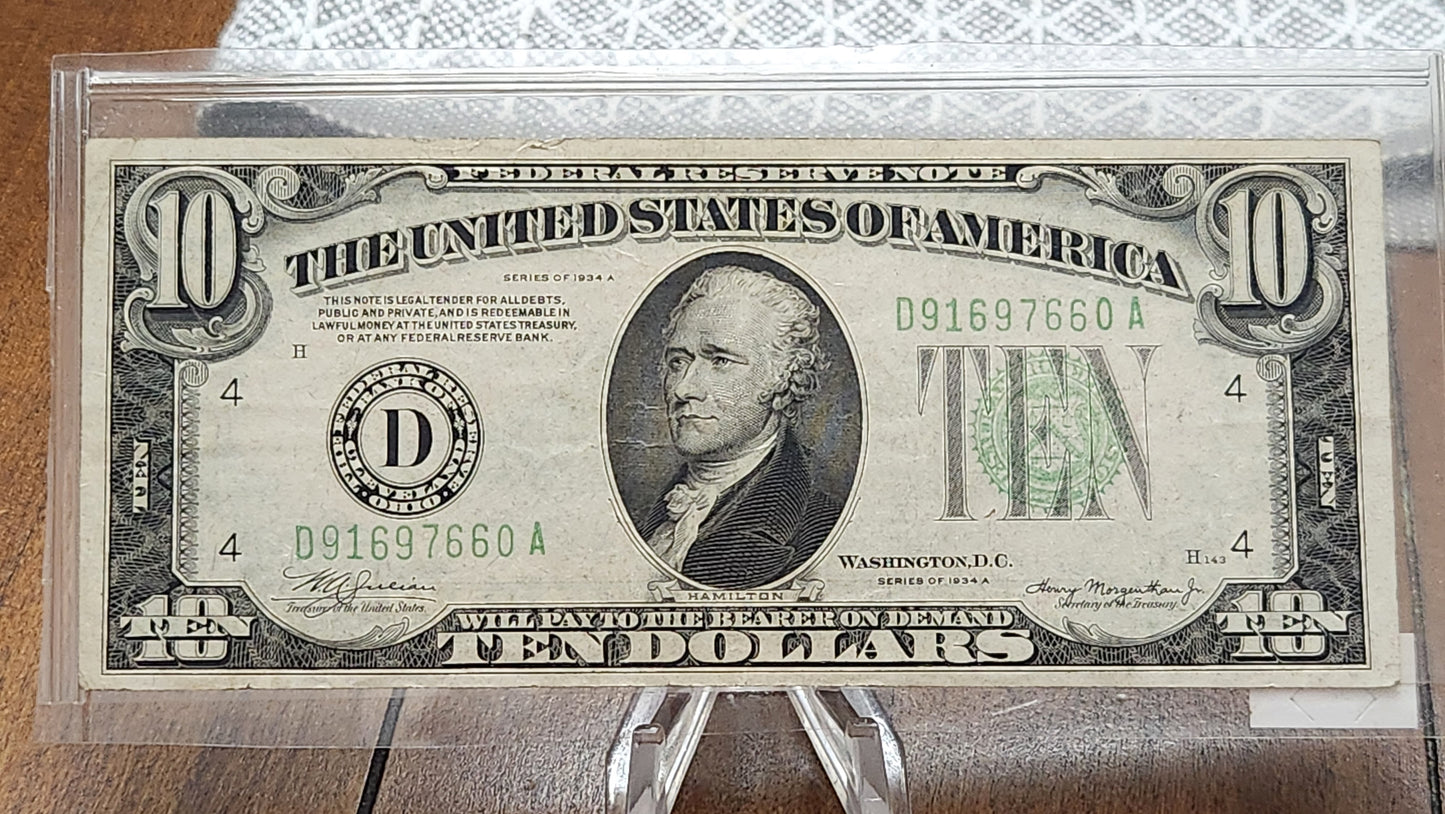 1934 A $10 Federal Reserve Note Great Condition Crisp