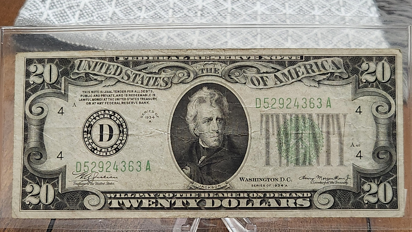1934 A $20 Federal Reserve Note Good Condition