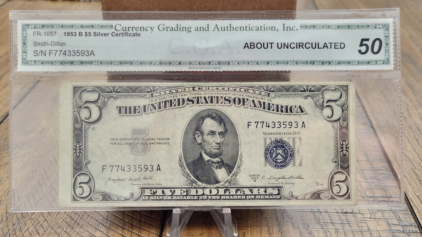 1953 B Series $5 Silver Certificate Grade AU 50 C.G.A.