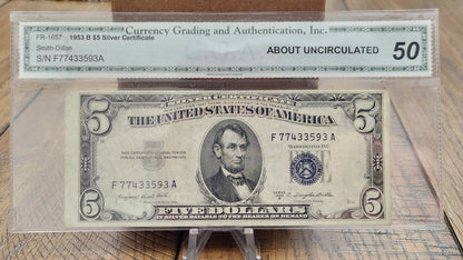 1953 B Series $5 Silver Certificate Grade AU 50 C.G.A.
