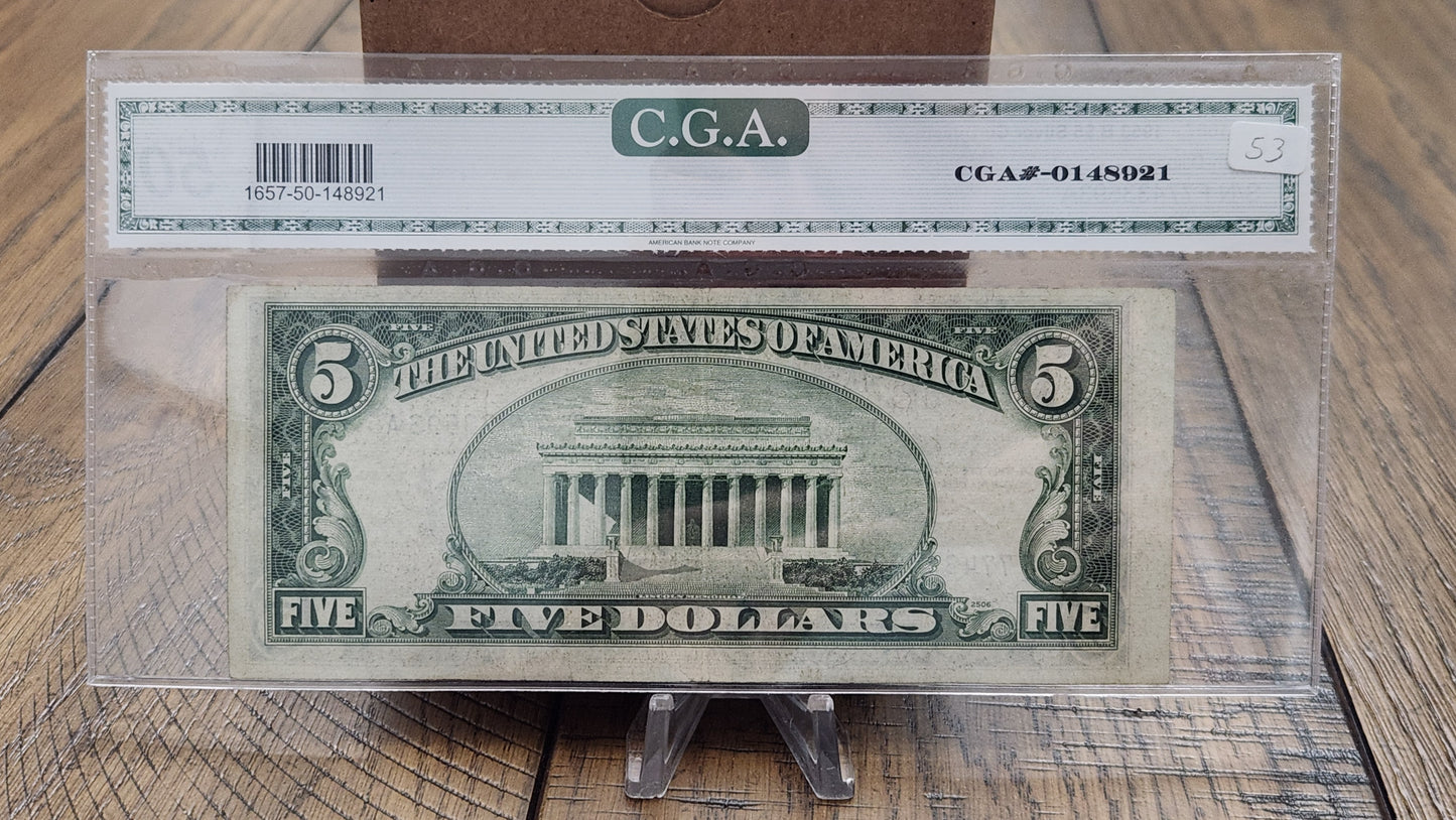 1953 B Series $5 Silver Certificate Grade AU 50 C.G.A.