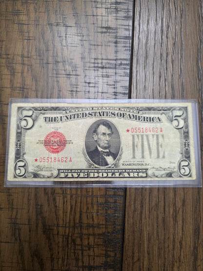 1928 Series C $5 Red Seal Star Note  FRN Good Condition