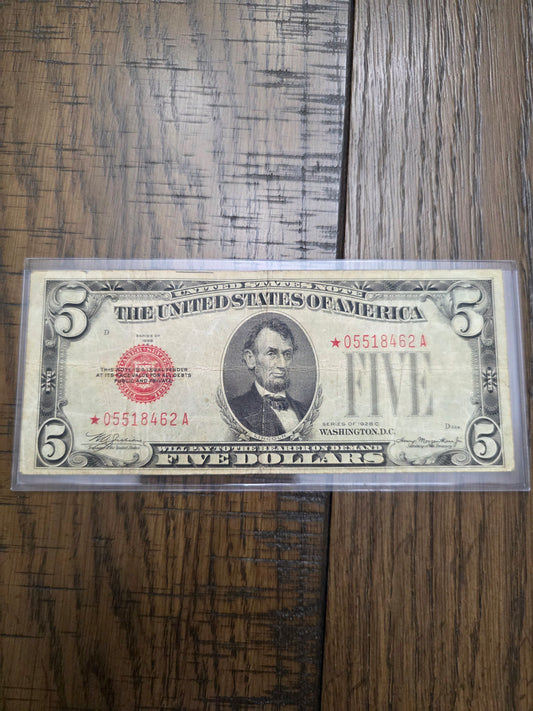 1928 Series C $5 Red Seal Star Note  FRN Good Condition