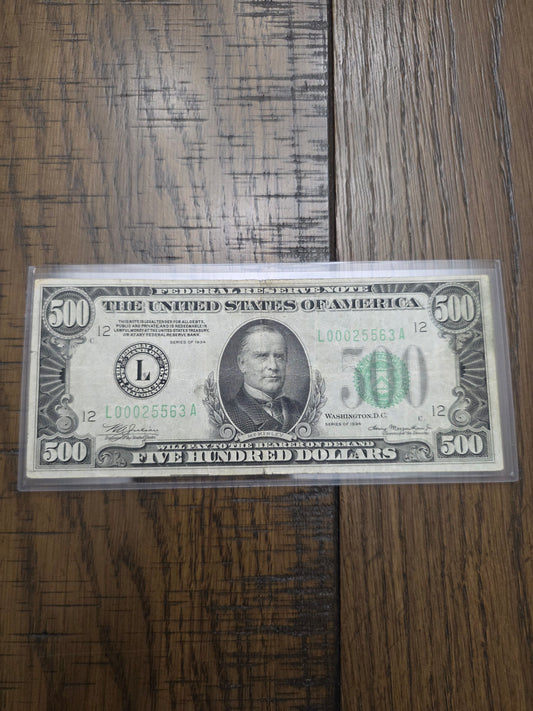 1934 Series $500 FRN McKinley Note Good Condition