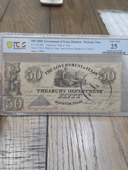 1838 $50 Government of Texas, Houston - Treasury Note VF25 PCGS