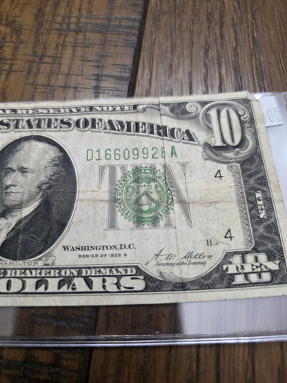 1928 B series $10 FRN Redeemable in Gold Light Green Ink VG