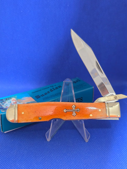 Guardian Angel Lock Back Cheetah Knife Orange Bone Handles 4 3/8" EM2567052ORBN
