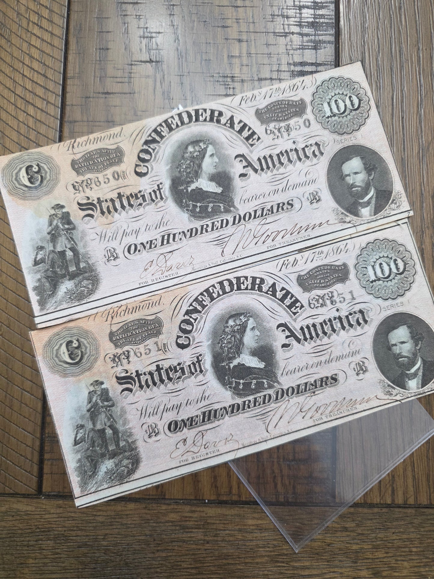 2 - 1864 $100 CSA Notes Confederate States of America Series 1 Consecutive Serial Number