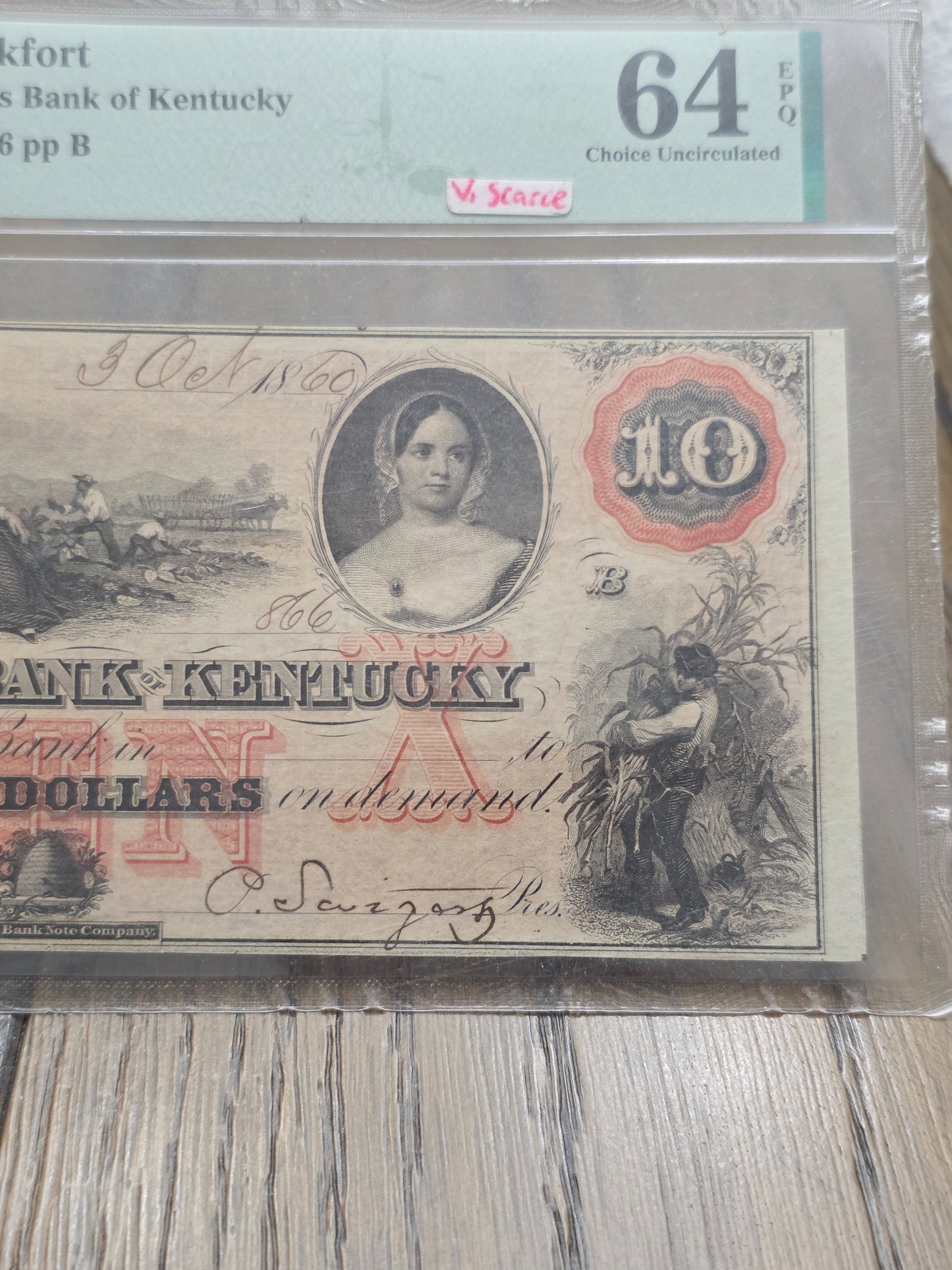 1859-60 $10 Famers Bank Of Kentucky Bank Note Frankfort, Kentucky PMG 64 Choice Uncirculated EPQ