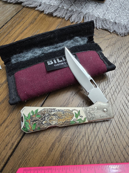 Whiskers & Karst Lockback with Leopard Scrolled Handle with Pouch
