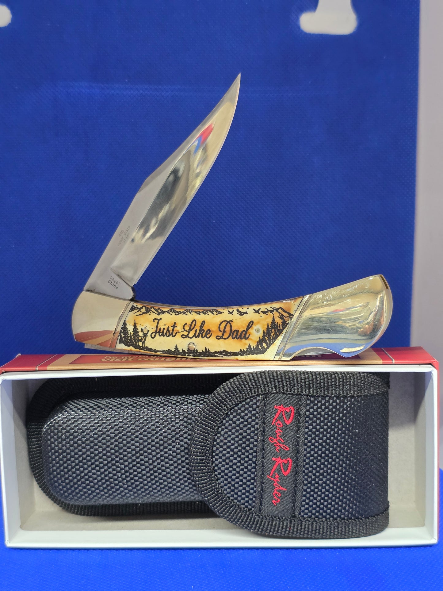 Rough Ryder 5" Lockback Natural Bone - Just Like Dad Deer Scene - RR067Deer