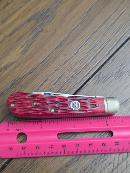 Rough Rider 3 Blade Mini Trapper Red Jig Bone 1st Gen Horseshoe Shield RR430