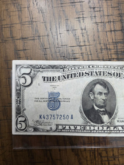 1934 Series A $5 Yellow Seal Silver Certificate Emergency issued