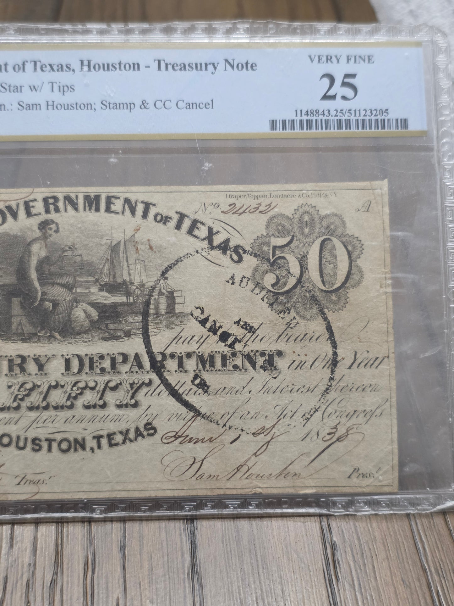 1838 $50 Government of Texas, Houston - Treasury Note VF25 PCGS
