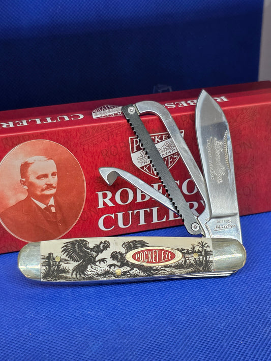 Robeson Shur-Edge Gamecock Knife - Fightin' Chicken Knife - Smooth White Bone with CUSTOM Etch ROB632730- FR
