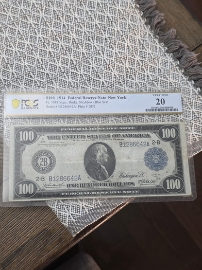 1914 $100 Federal Reserve Note New York VF 20 PCGS Grade