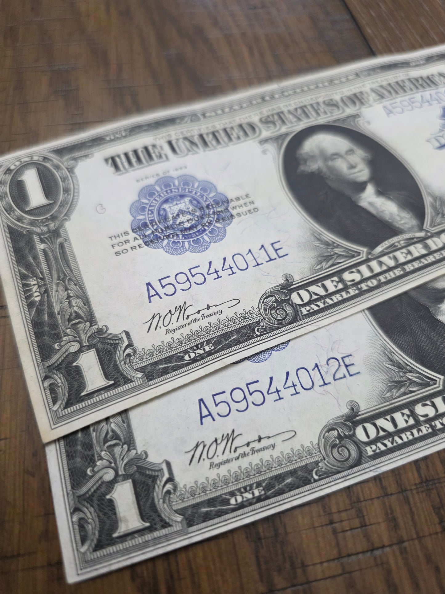 2 - 1923 Series $1 Blue Seal Silver Certificates LARGE Size Notes Consecutive Numbers AU Condition