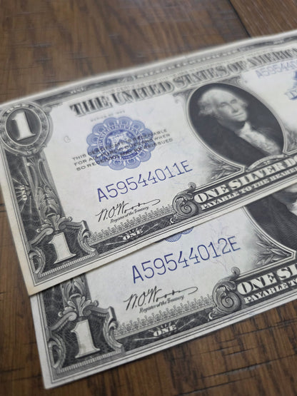 2 - 1923 Series $1 Blue Seal Silver Certificates LARGE Size Notes Consecutive Numbers AU Condition