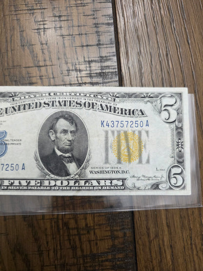 1934 Series A $5 Yellow Seal Silver Certificate Emergency issued