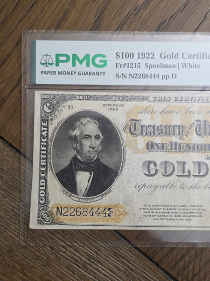 1922 Series $100 Gold Certificate VF30 PMG