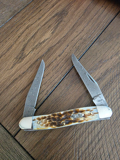 2007 Case XX Rain Drop Damascus Muskrat with Amber Bone Handles No Box