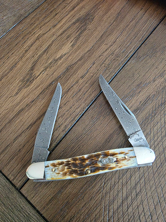 2007 Case XX Rain Drop Damascus Muskrat with Amber Bone Handles No Box