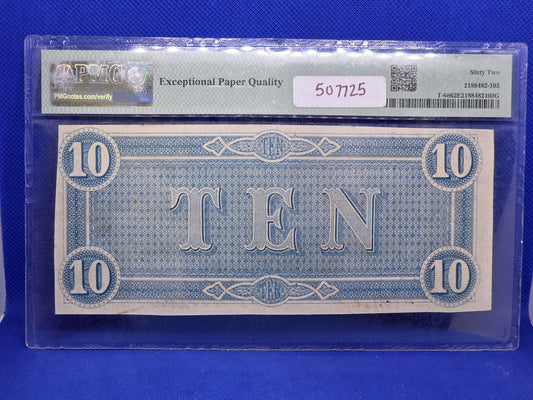 1864 $10 CSA Confederate Note 62 EPQ Uncirculated