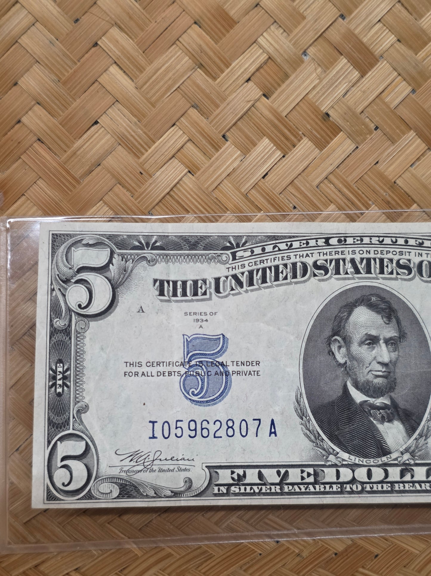 1934 Series A $5 Blue Seal Silver Certificate VF Condition