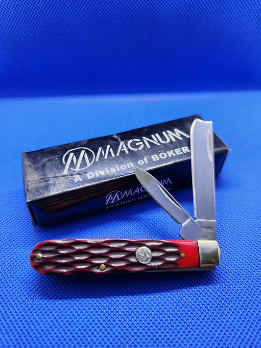 Boker Magnum Bonsai One Arm Razor Knife Red Jigged Bone Handles SC111 Discontinued