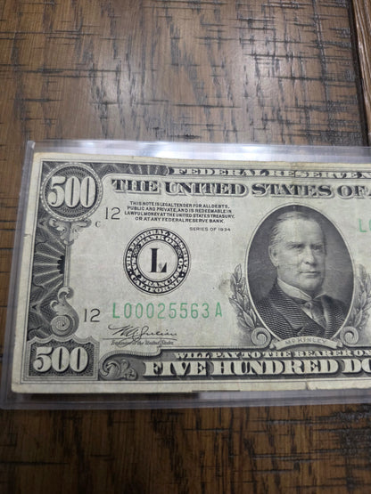 1934 Series $500 FRN McKinley Note Good Condition