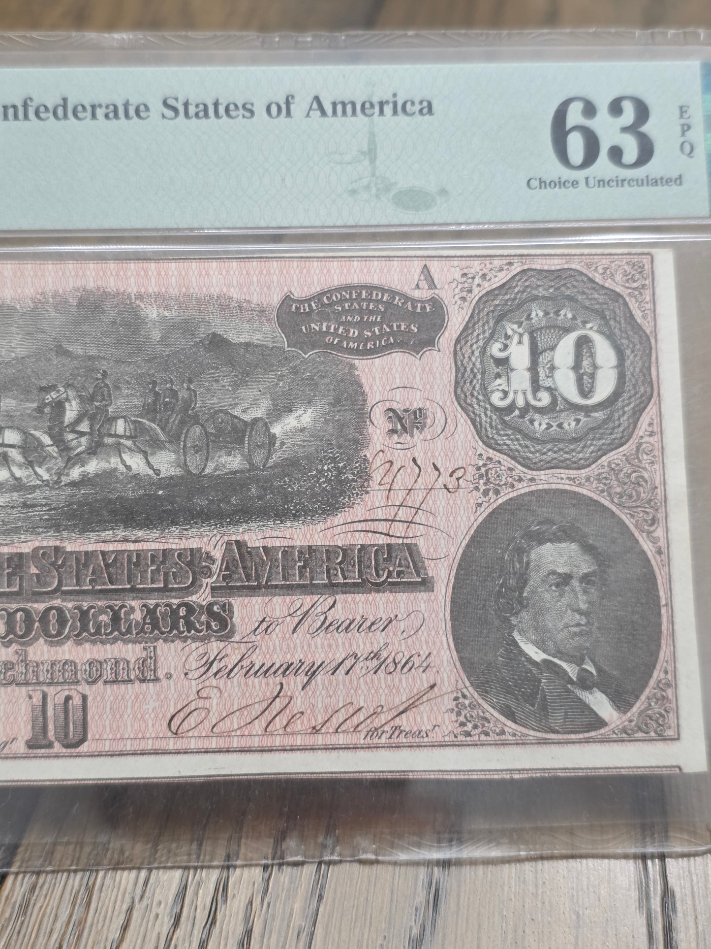 1864 $10 Confederate States of America 63 Choice Uncirculated PMG EPQ T-68