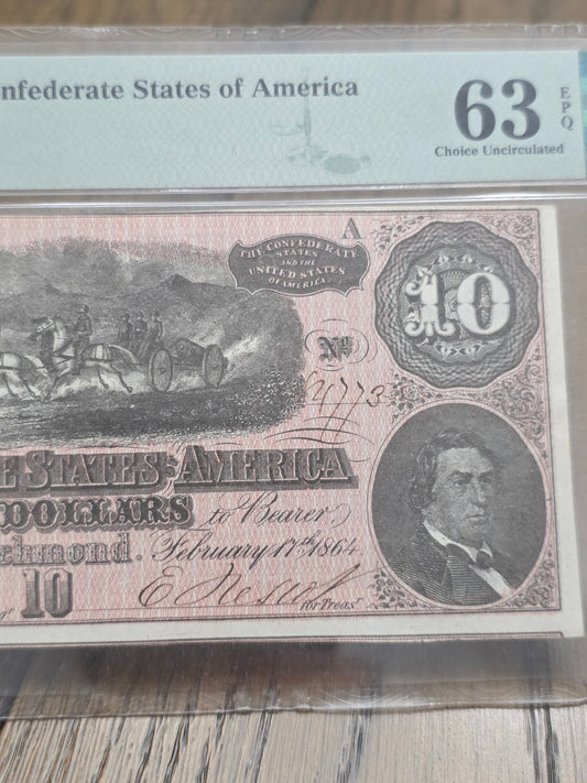 1864 $10 Confederate States of America 63 Choice Uncirculated PMG EPQ T-68