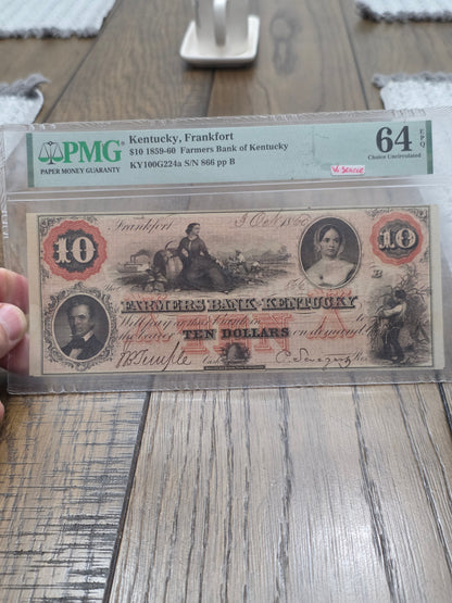 1859-60 $10 Famers Bank Of Kentucky Bank Note Frankfort, Kentucky PMG 64 Choice Uncirculated EPQ